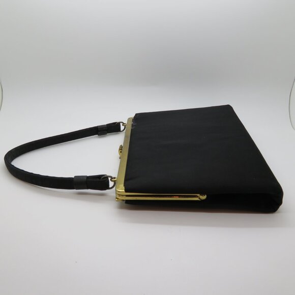 Vintage Handheld Black Satin Purse Bag After Five Mother Pearl Frame Top Handle - Picture 4 of 16